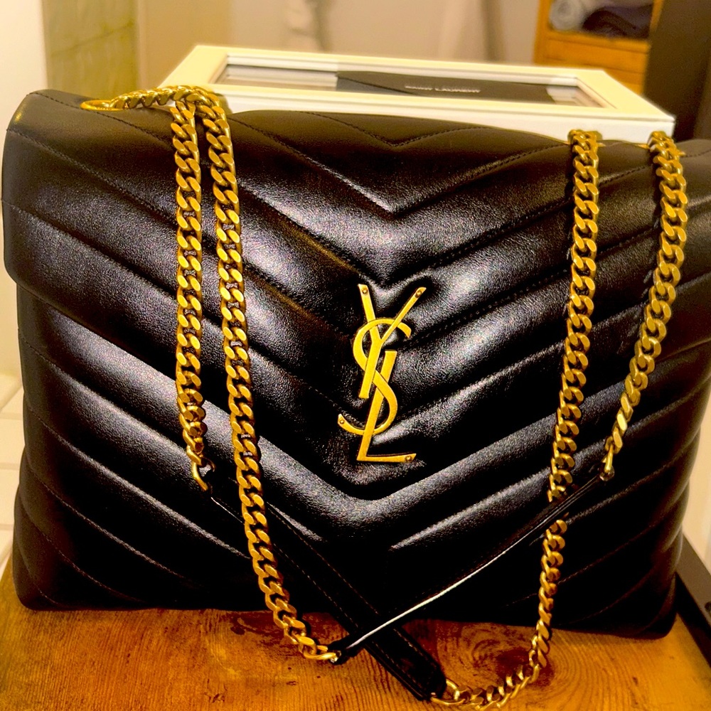 YSL Calfskin and Quilted Medium Satchel LouLou Black